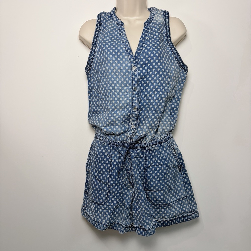 Anthropologie‎ Hei Hei Romper Sz Small Dottie Chambray 100% Linen Cottage Summer